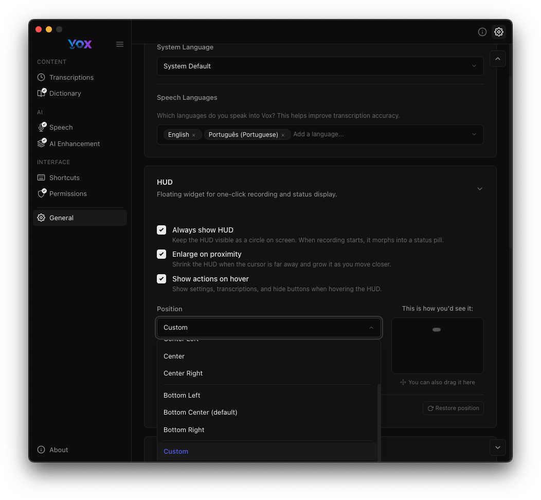 HUD Position Options